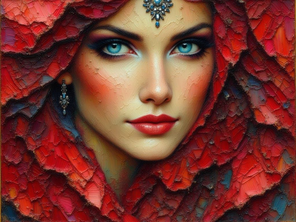 Elegant London Princess in Scarlet, Oil Painting