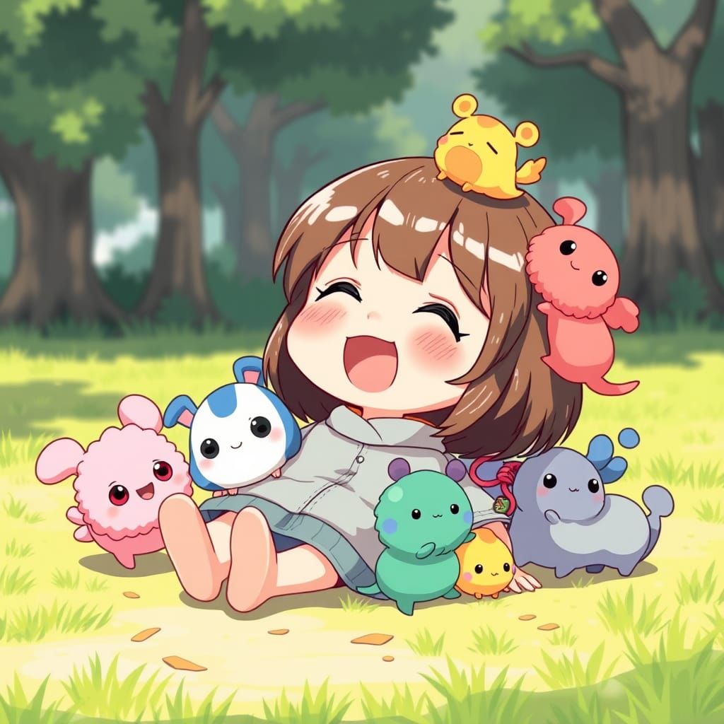 Chibi Anime Girl with Mischievous Creatures