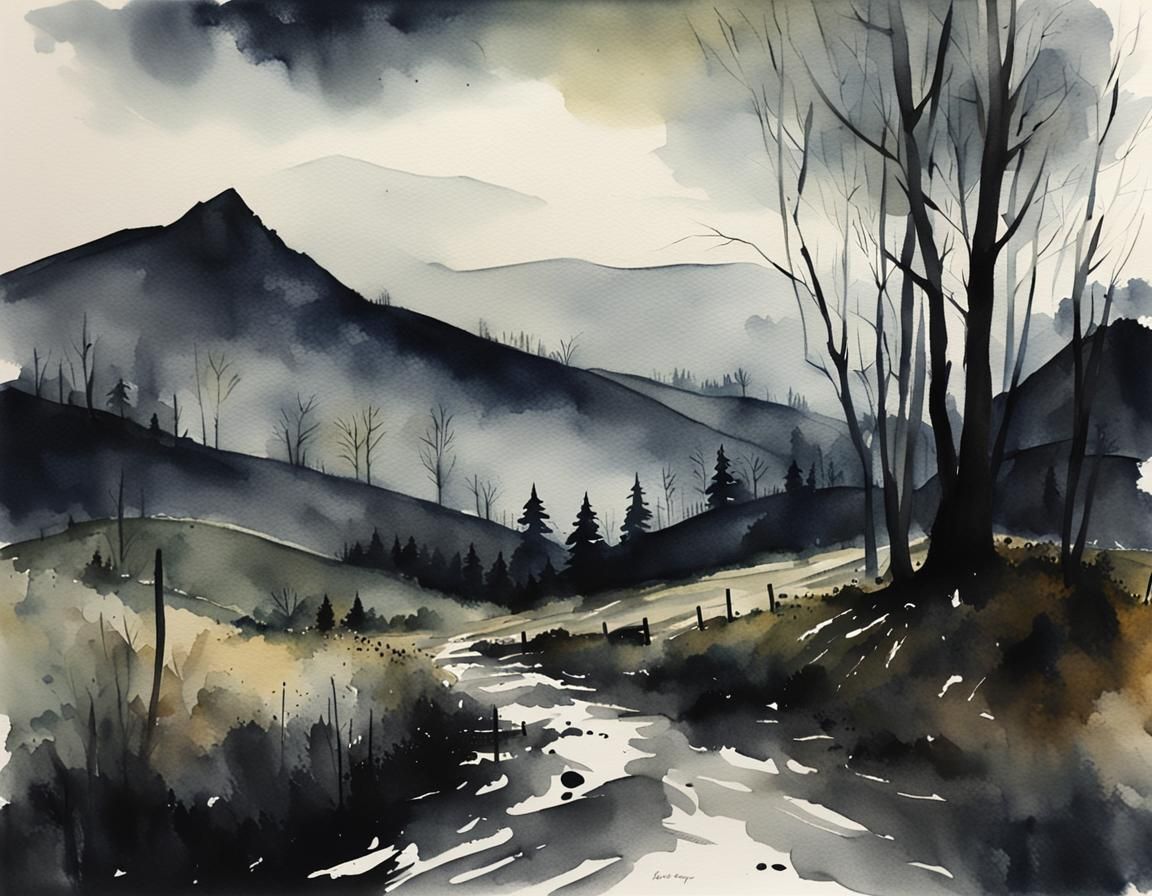 Creepy Transylvanian Landscape in Moody Watercolor