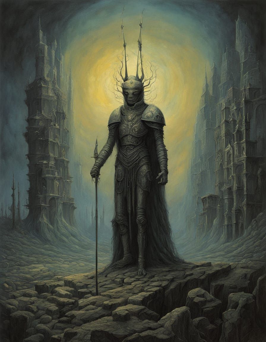 Armored Woman on Crystal Insect: Surreal Oil Painting