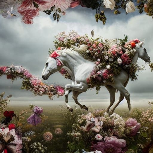 Floral White Horse Hyper-Collage in Utopia Style