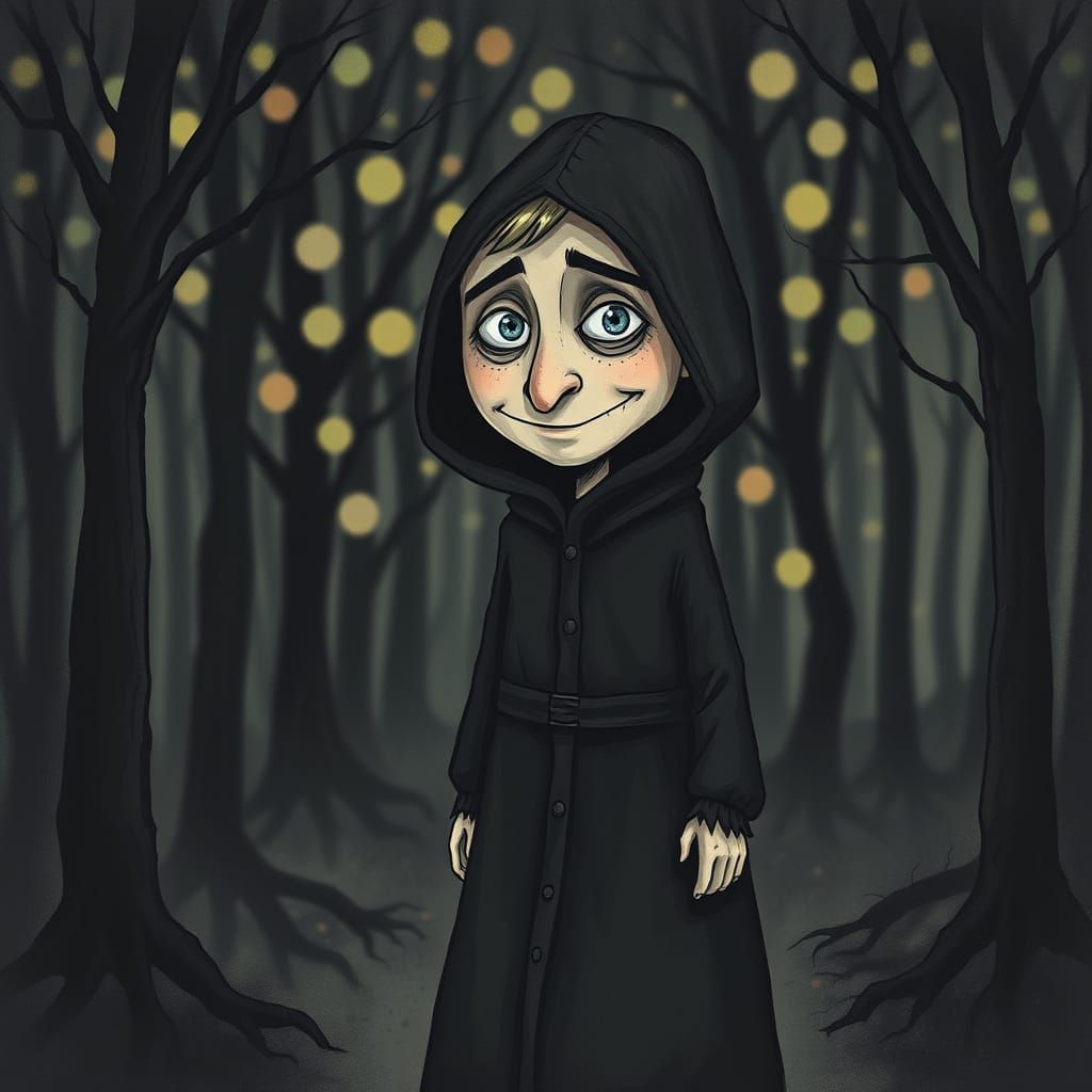 Man in Hooded Robe in Eerie Forest