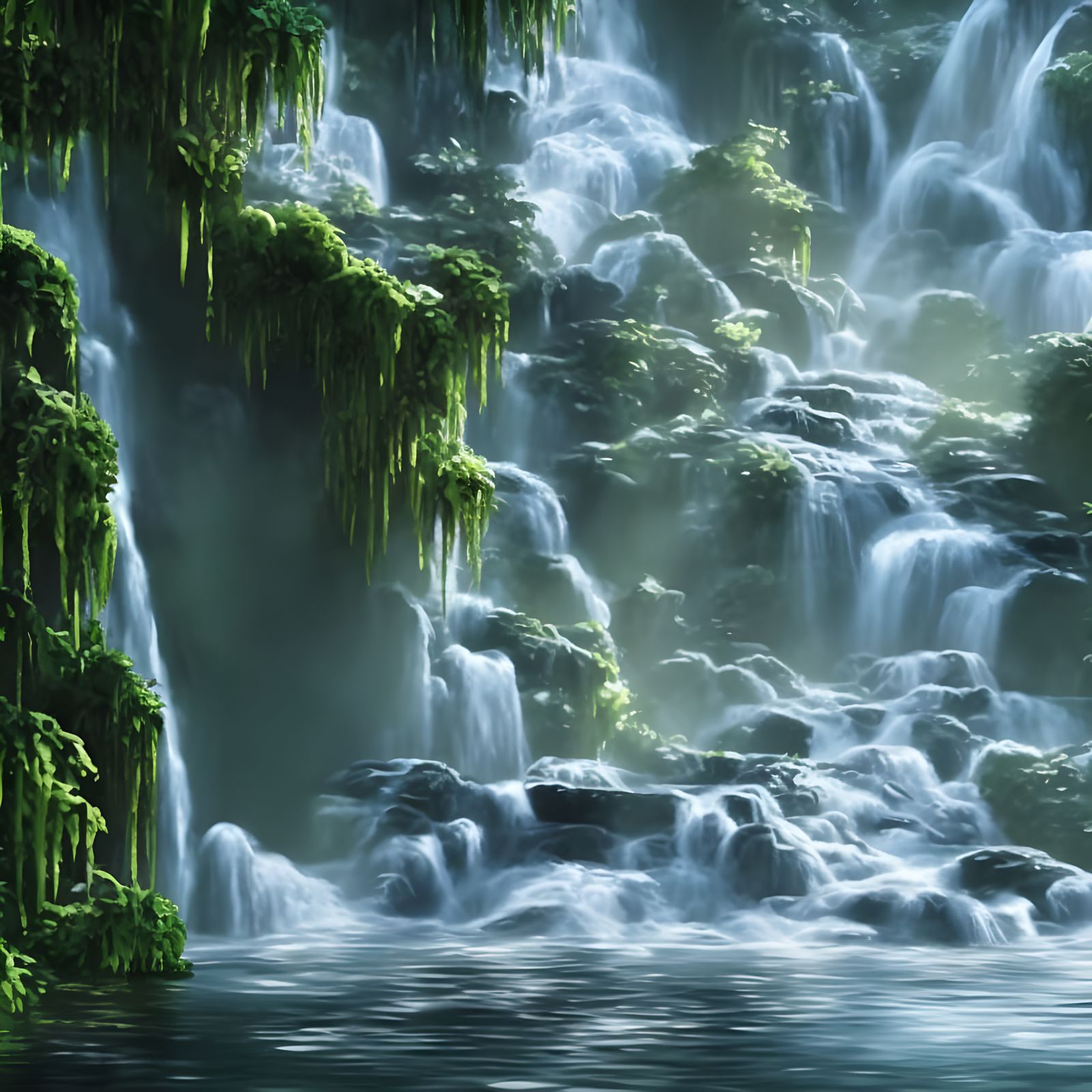 Lush Jungle Waterfall with Cascading Rivers