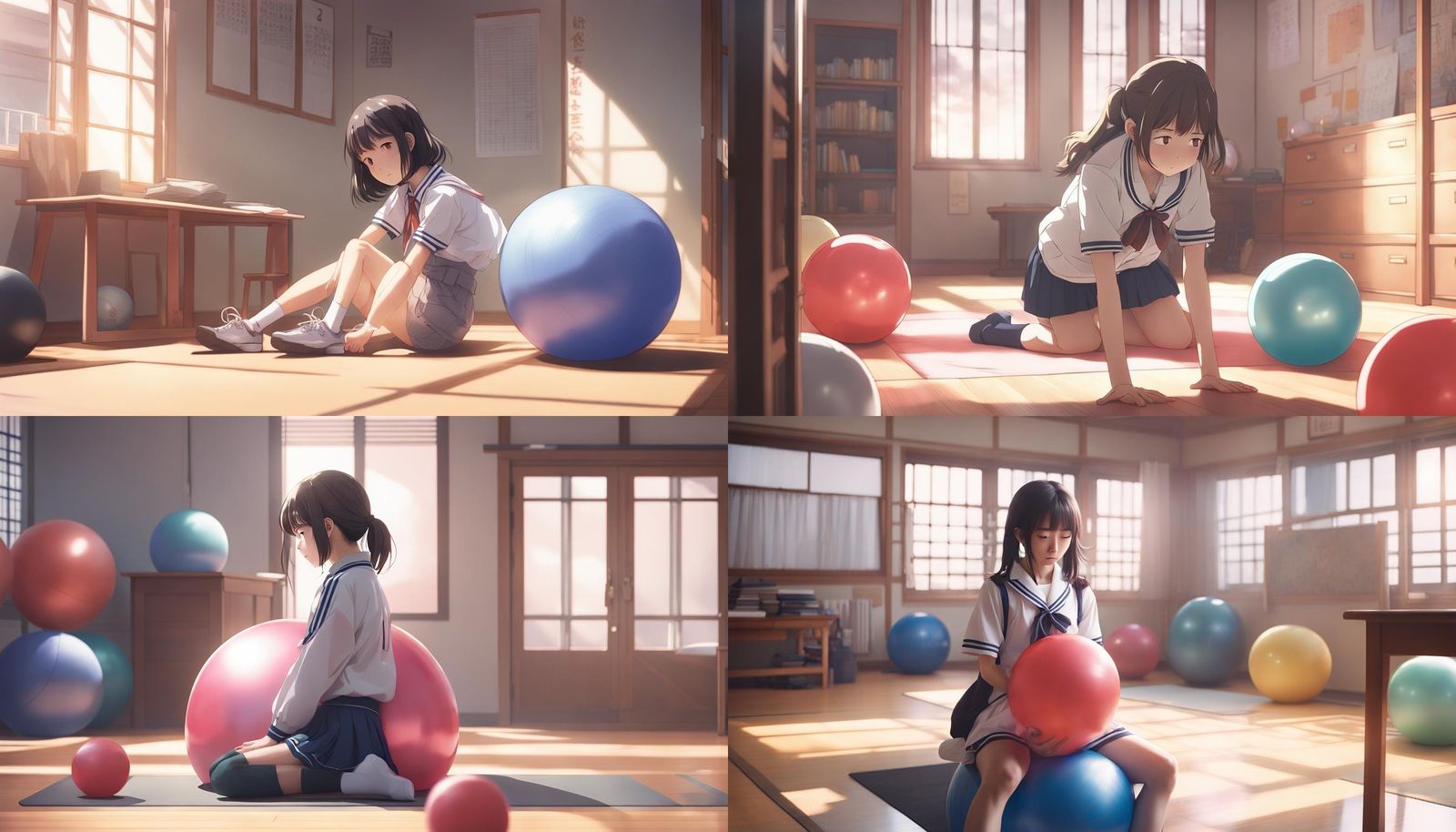 Anime Schoolgirl Relaxing on Exercise Ball