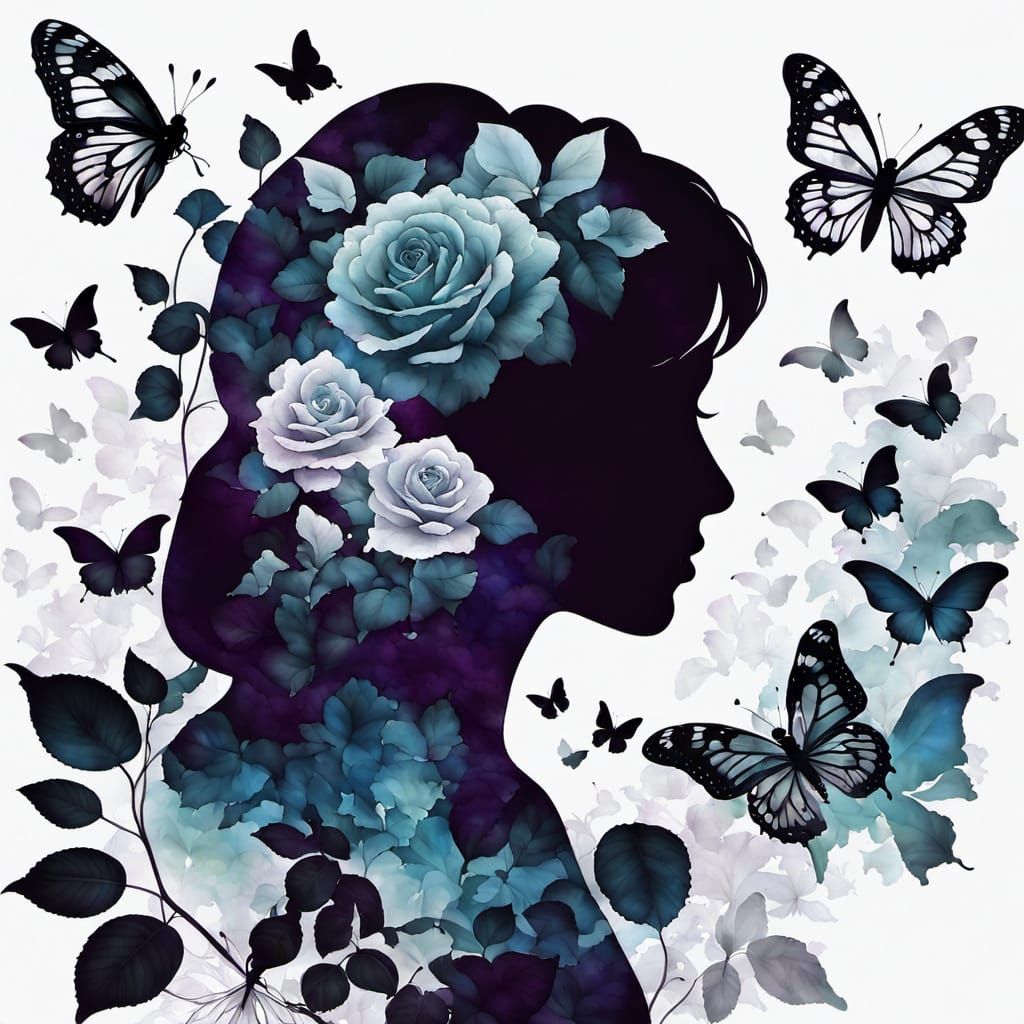 Romantic Double Exposure Silhouette of a Woman in a Garden