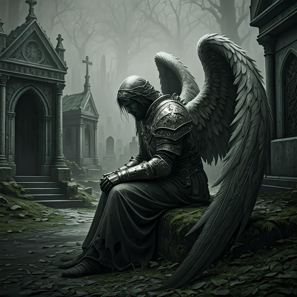 Fallen Angel in Graveyard: Dramatic Black and White Photo
