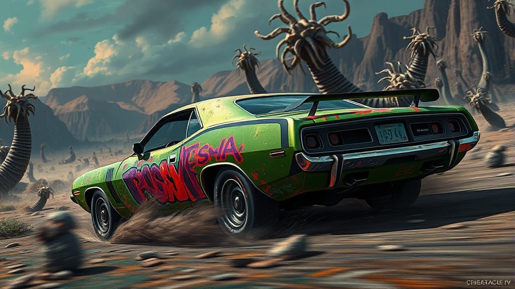 Vibrant Green Barracuda Speeds Through Apocalyptic Landscape