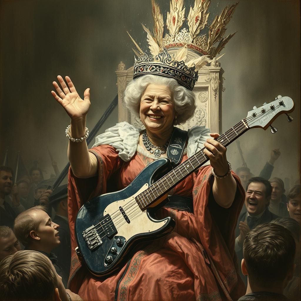 Queen Elizabeth Smashing Guitar, Horror Art