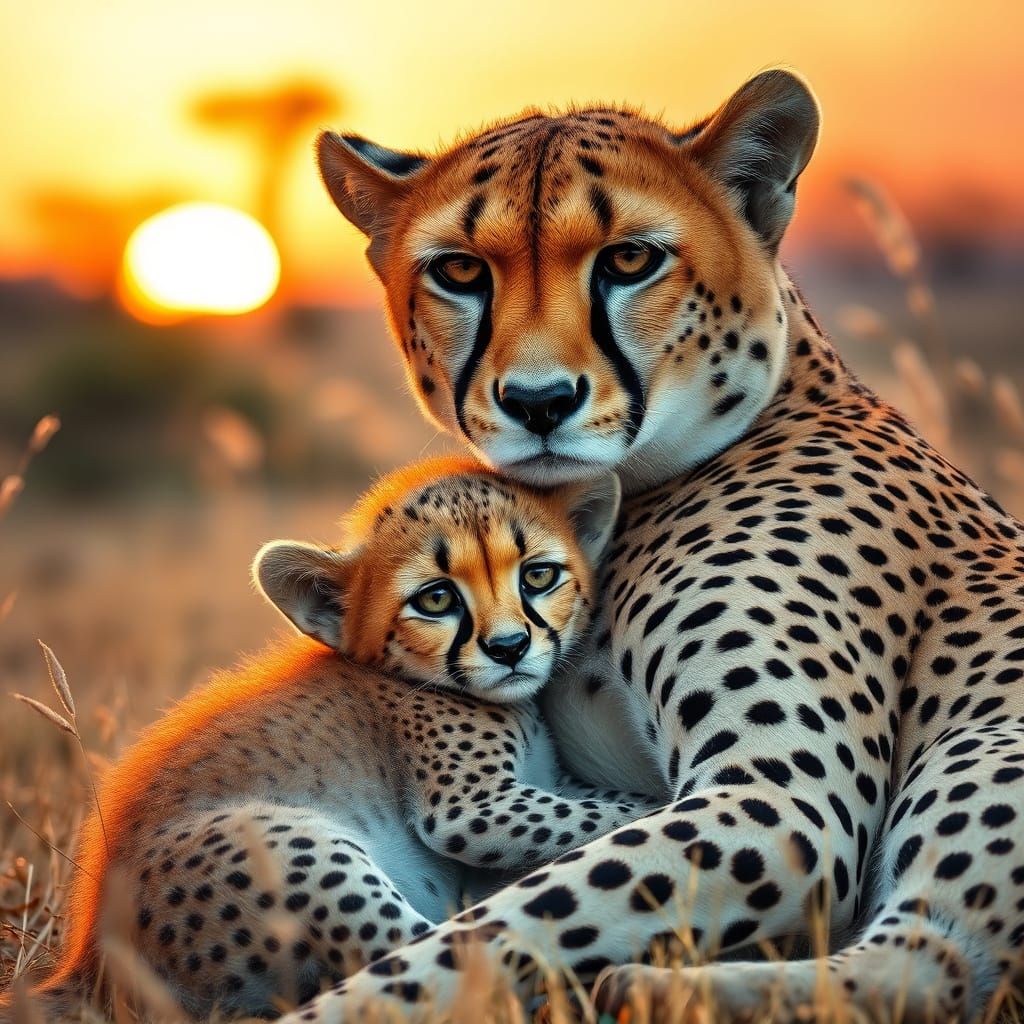 Majestic Cheetah Mother and Baby in Warm Savannah Sunset
