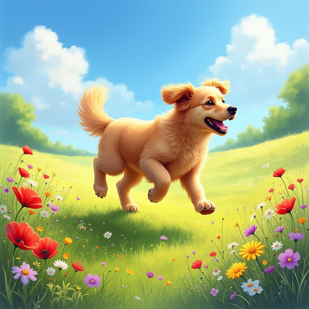 Golden Retriever Runs Through Flower Meadow Under Sunny Sky