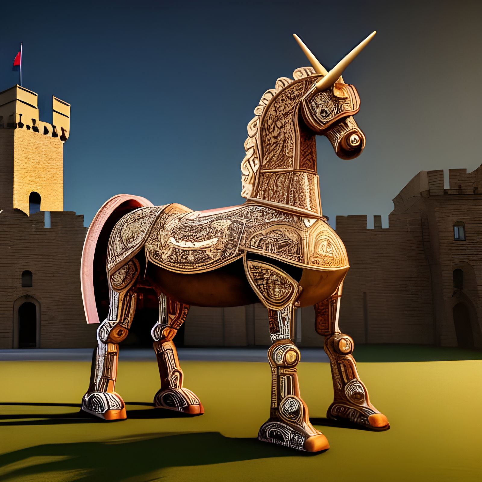 Hyper-Realistic Trojan Unicorn in Front of Castle