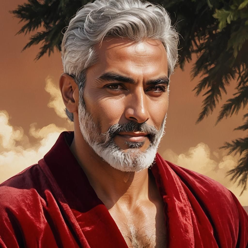 Serene Man in Red Robe with Silver Beard