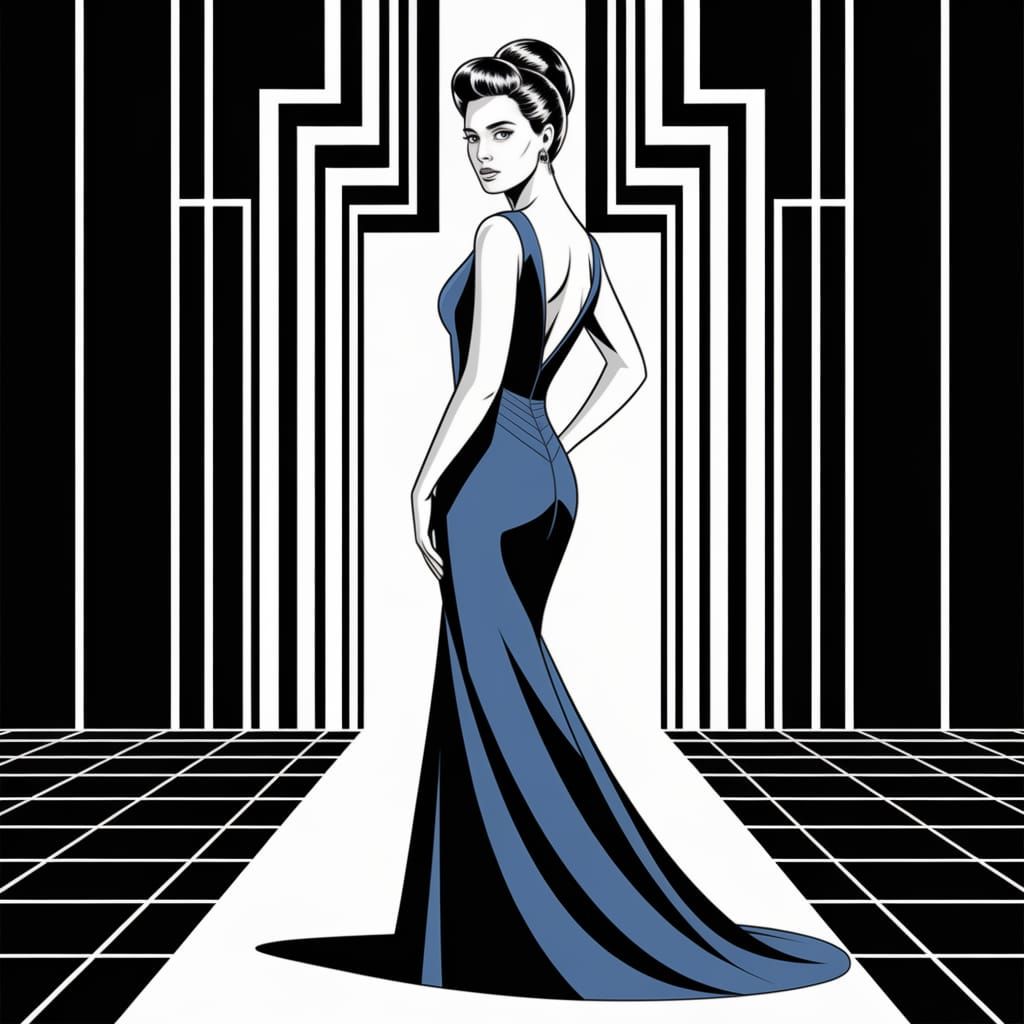 Elegant Woman in Blue Gown, Minimalist Vector Art