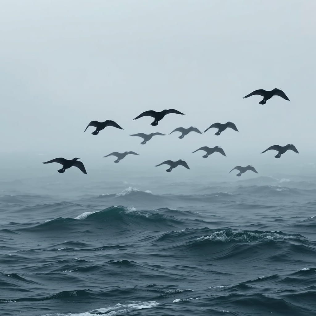 Cormorants in Flight over Mysterious Grey Waters