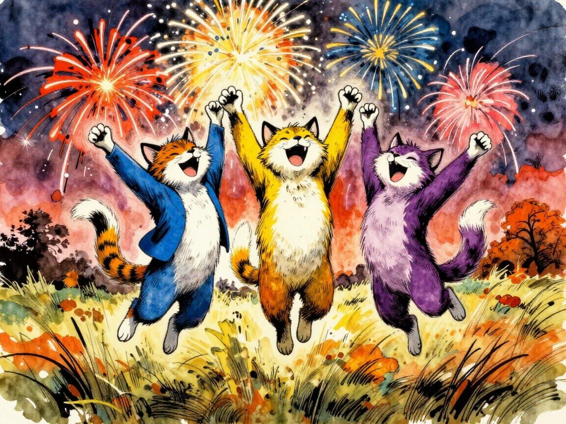Joyful Lynxes Celebrate Autumn Festival with Fireworks