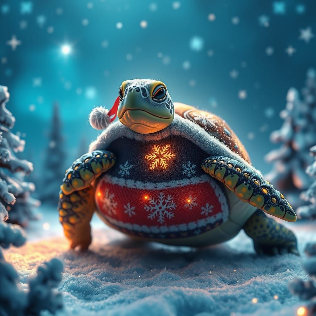 Whimsical Christmas Turtle in Cozy Winter Wonderland