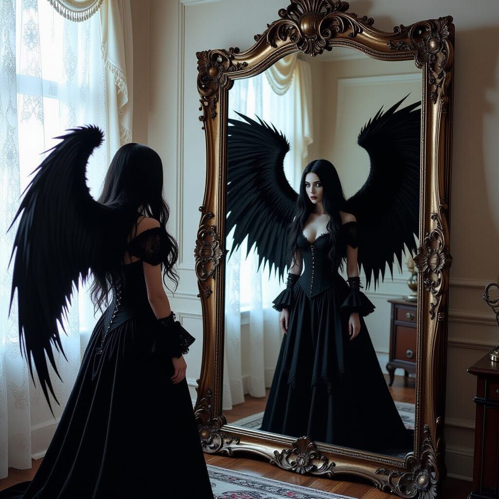 Gothic Woman's Werewolf Reflection in Dark Whimsical Style