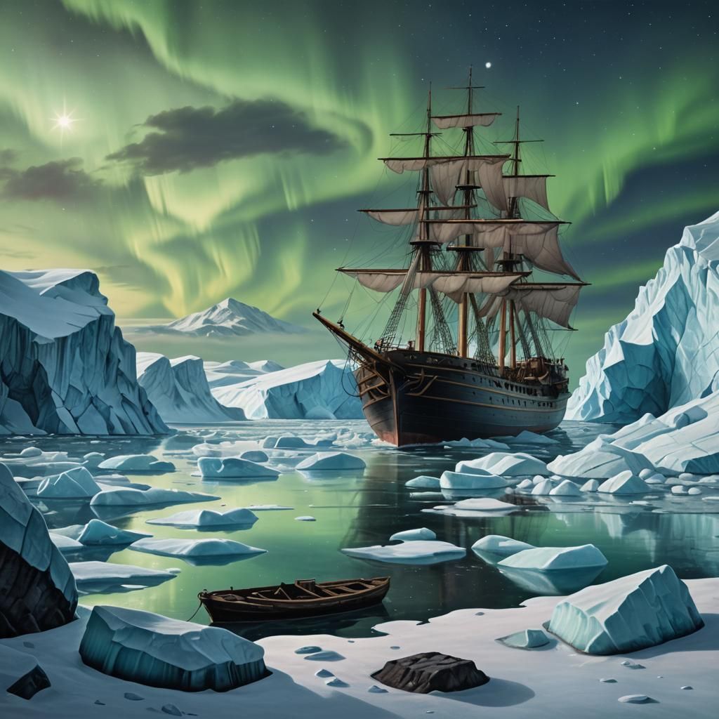 Victorian Shipwreck in Arctic Aurora Borealis