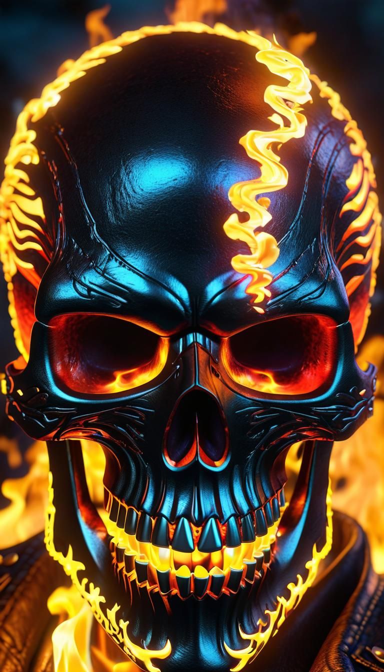 Fiery Ghost Rider Skull Portrait in Neon Inks