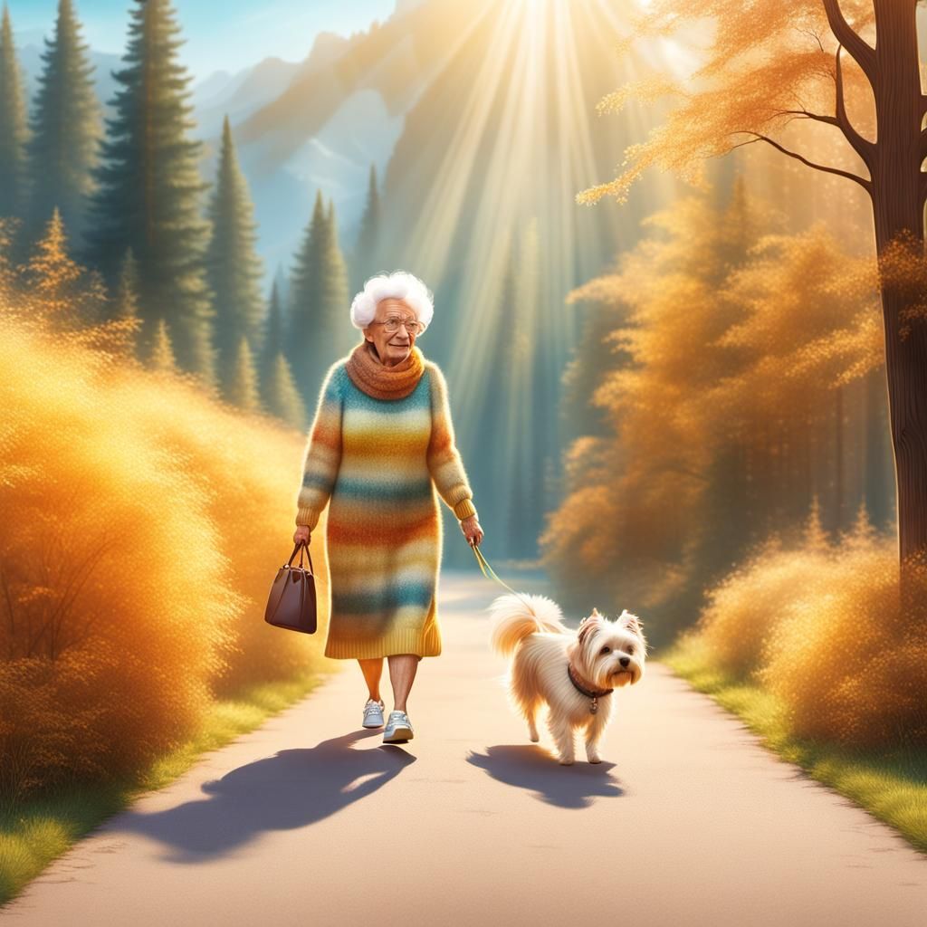 Funny Granny Walking on a Sunbeam, Comic Caricature