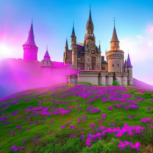 Medieval Castle with Rose Vines and Blue Grass
