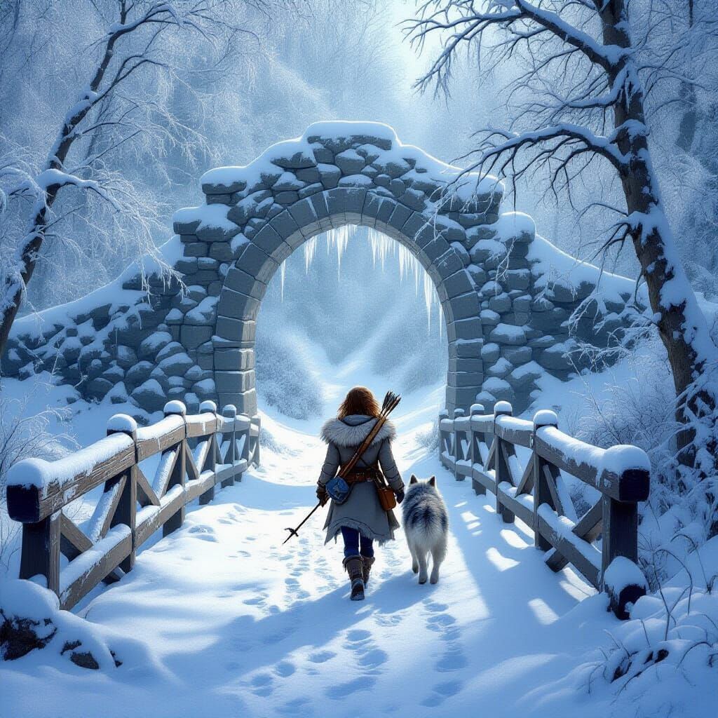 Mystical Snowy Forest with Traveler and Wolf