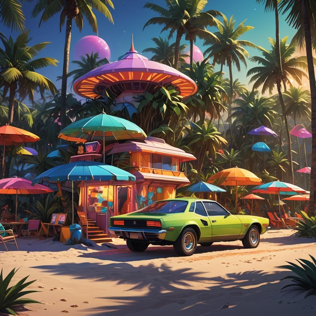 Alien Beach Cabana in Vibrant Digital Art Style
