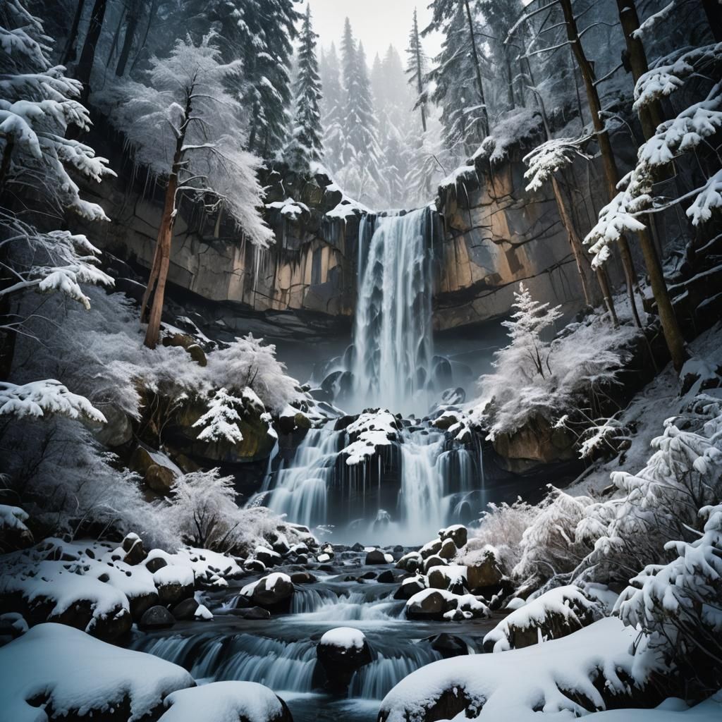 Snowy Waterfall in Winter Forest: Anime-Inspired Digital Art