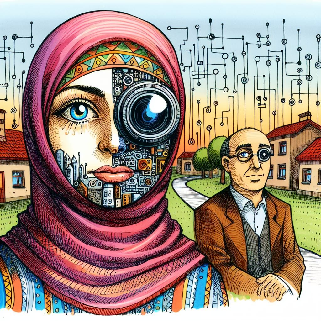 Surreal Woman with Camera Lens Eye in Suburbia