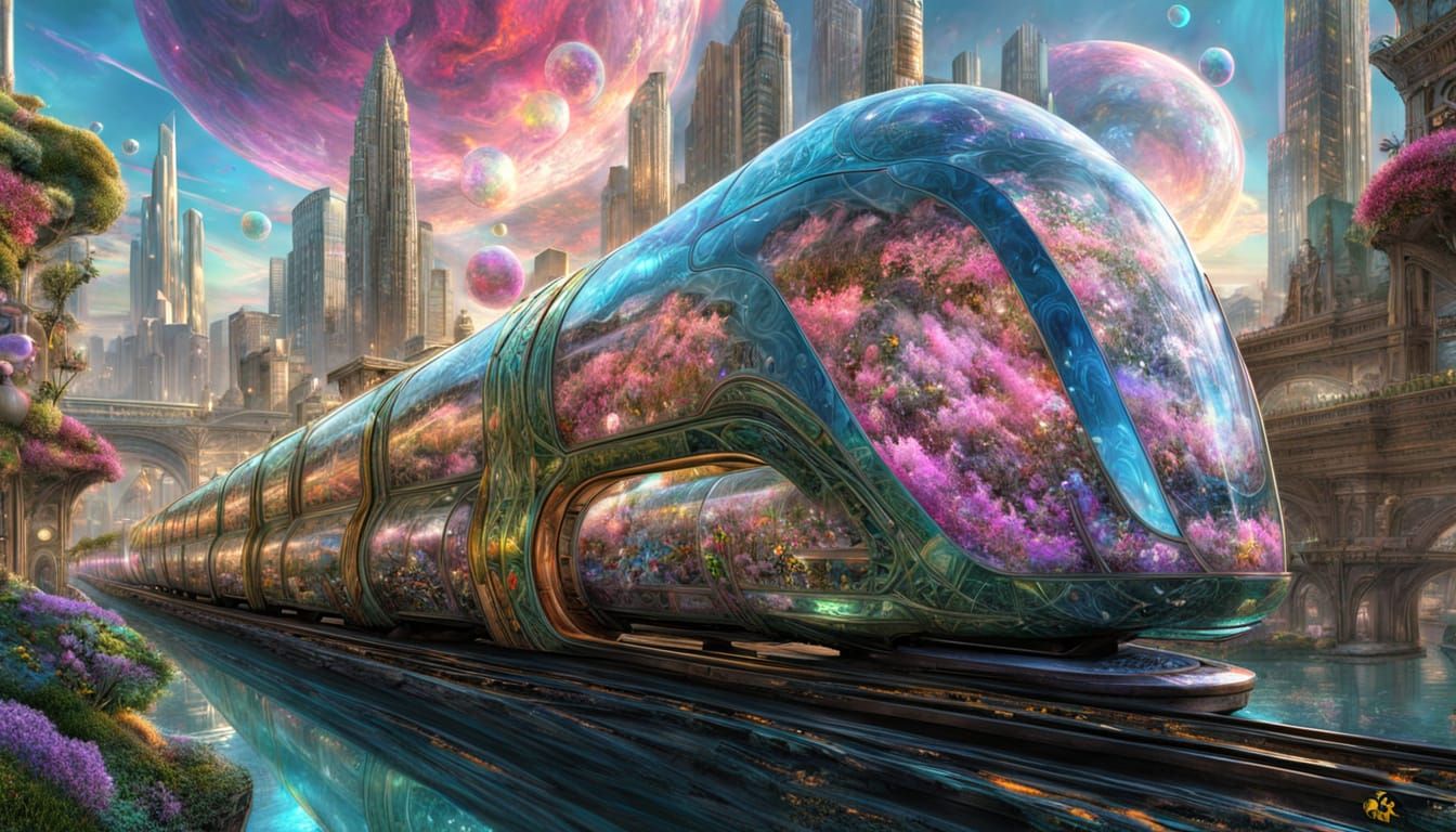 Crystal Train Soars Above Cybercore City