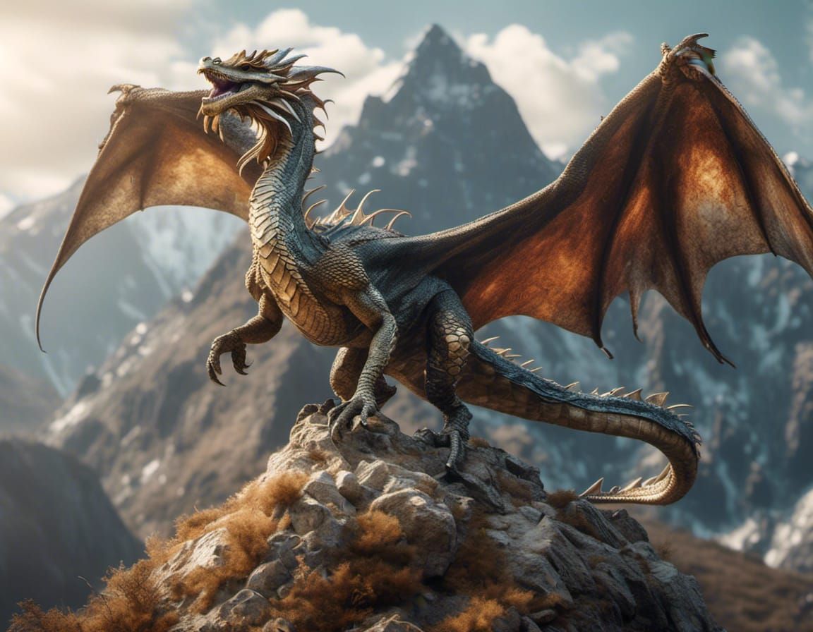 Detailed Hyperrealistic Dragon in Mountain Landscape