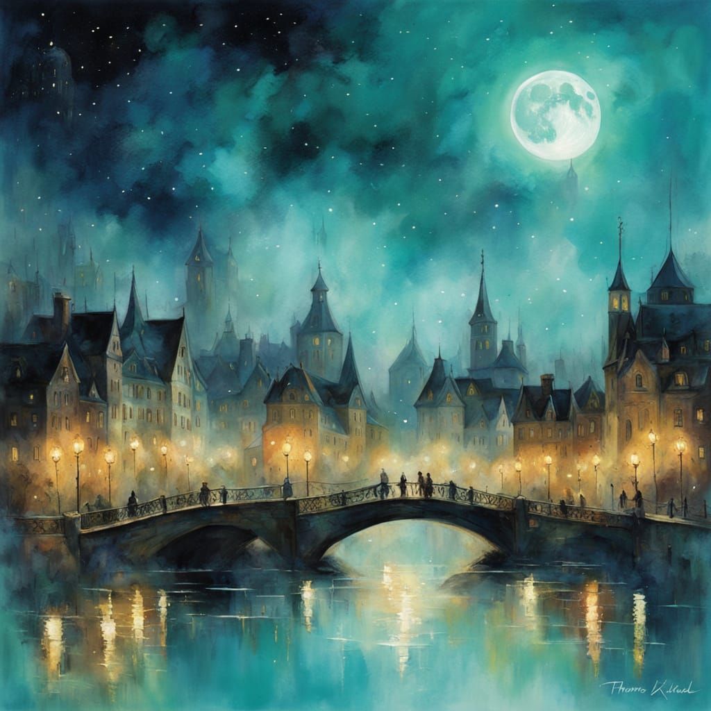 Dreamy Watercolour Cityscape Under Full Moon