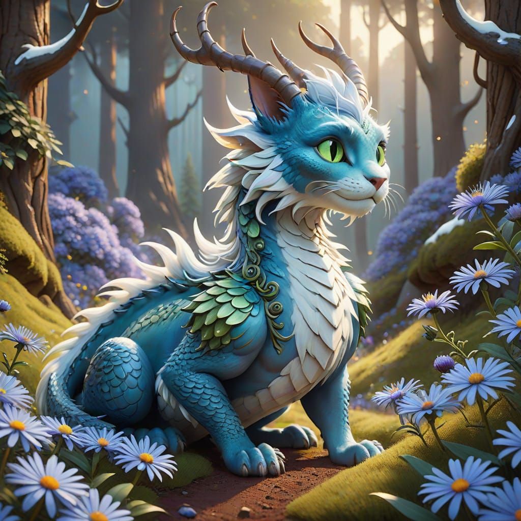 Fantastical Winter Dragon-Cat in Blue Aster Field