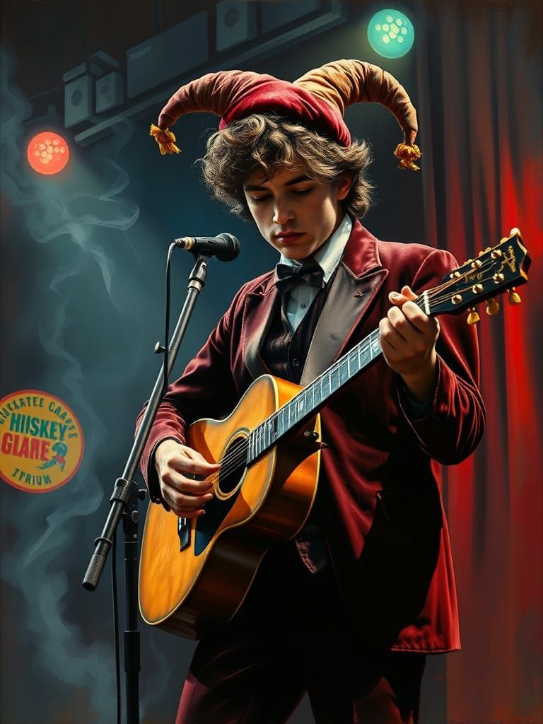 Bob Dylan as a Jester in a Smoky NYC Nightclub