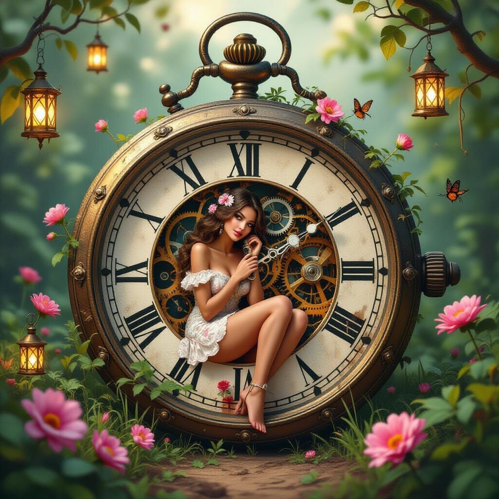 Whimsical Woman in Pocket Watch with Tribal Art Motifs