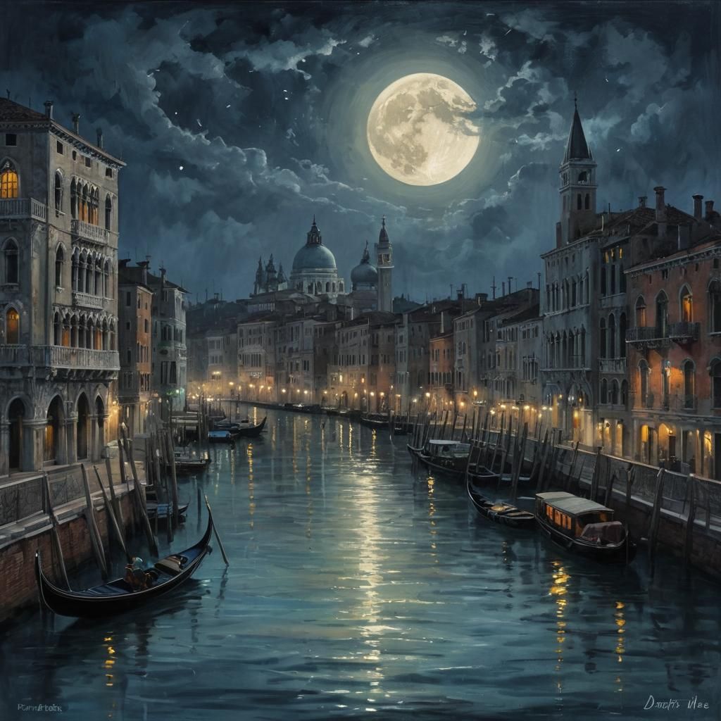 Surreal Venice Moonscape in Art Brut Style