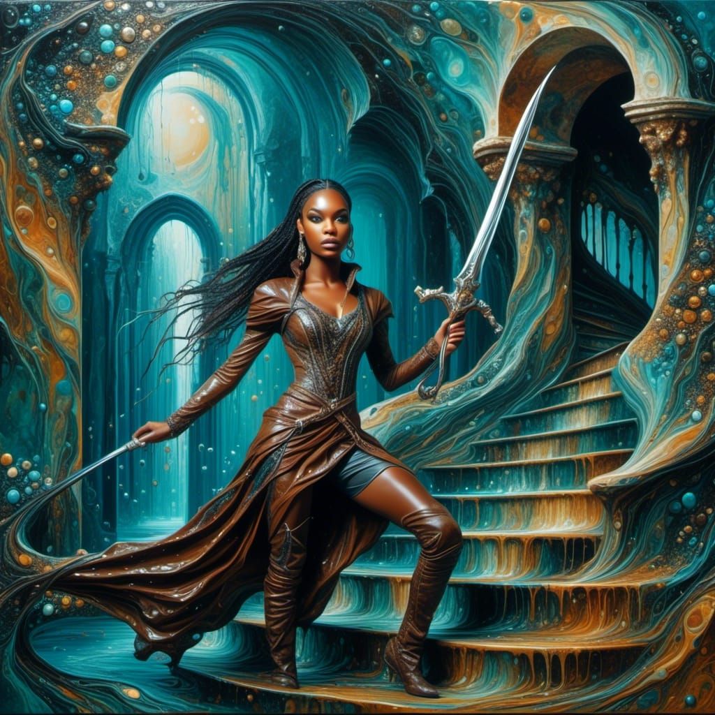 Elven Huntress in Surreal Liquid Art Dungeon