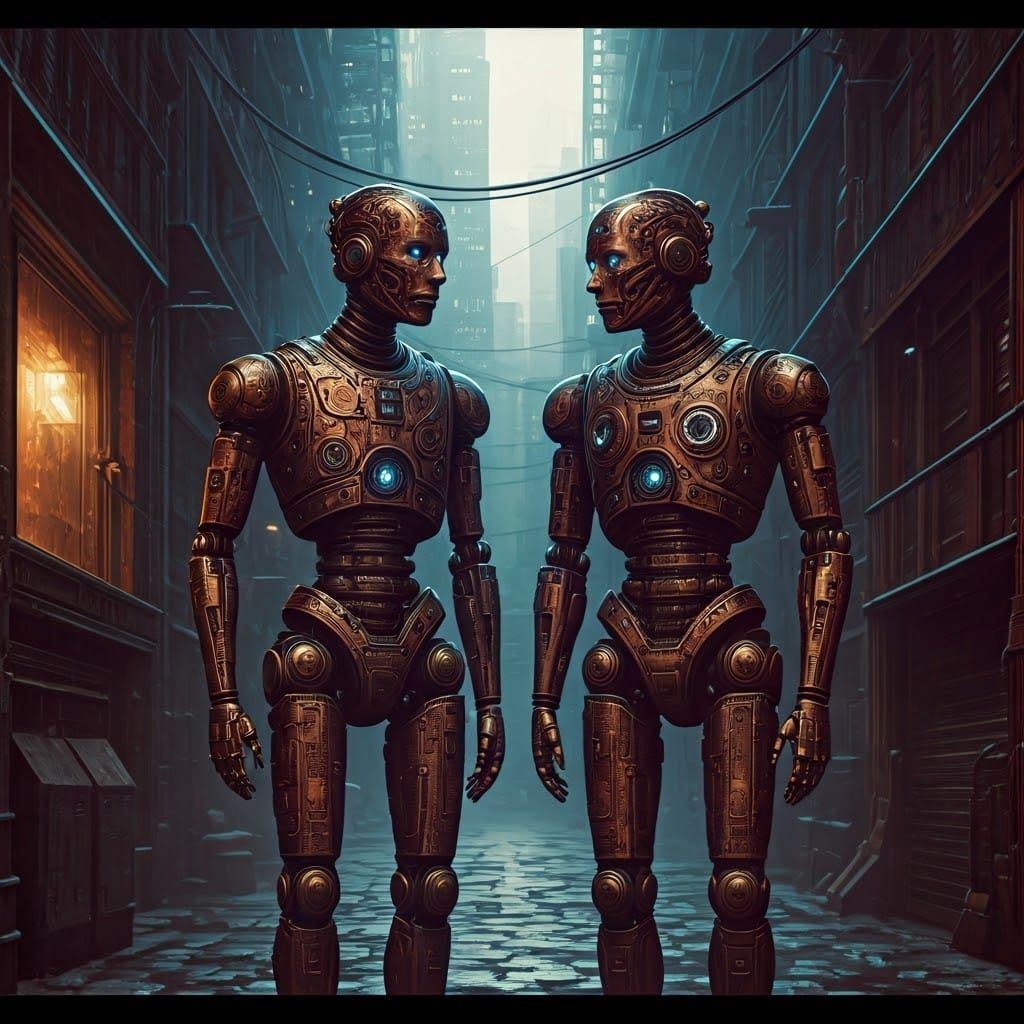 Robots Chatting in Mist, Film Noir Style