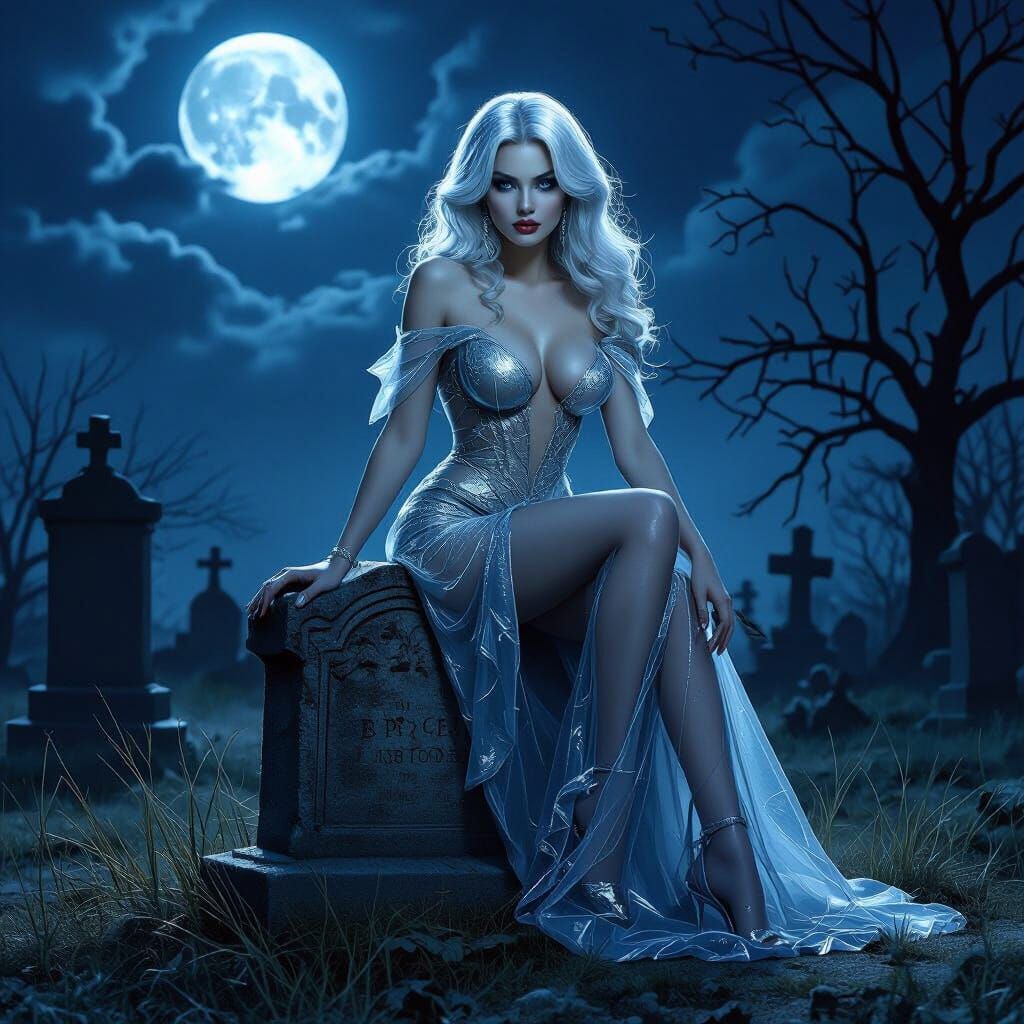 Curvy Vampire Woman on Tombstone in Moonlight