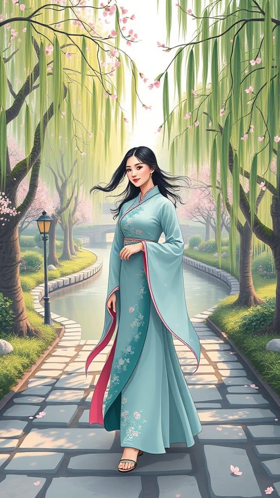 Chinese Woman in Hanfu in Dreamy Park Setting