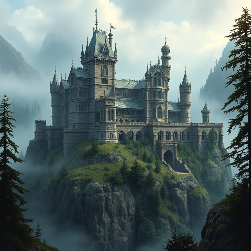 Majestic Ancient Palace Amidst Foggy Mountainside