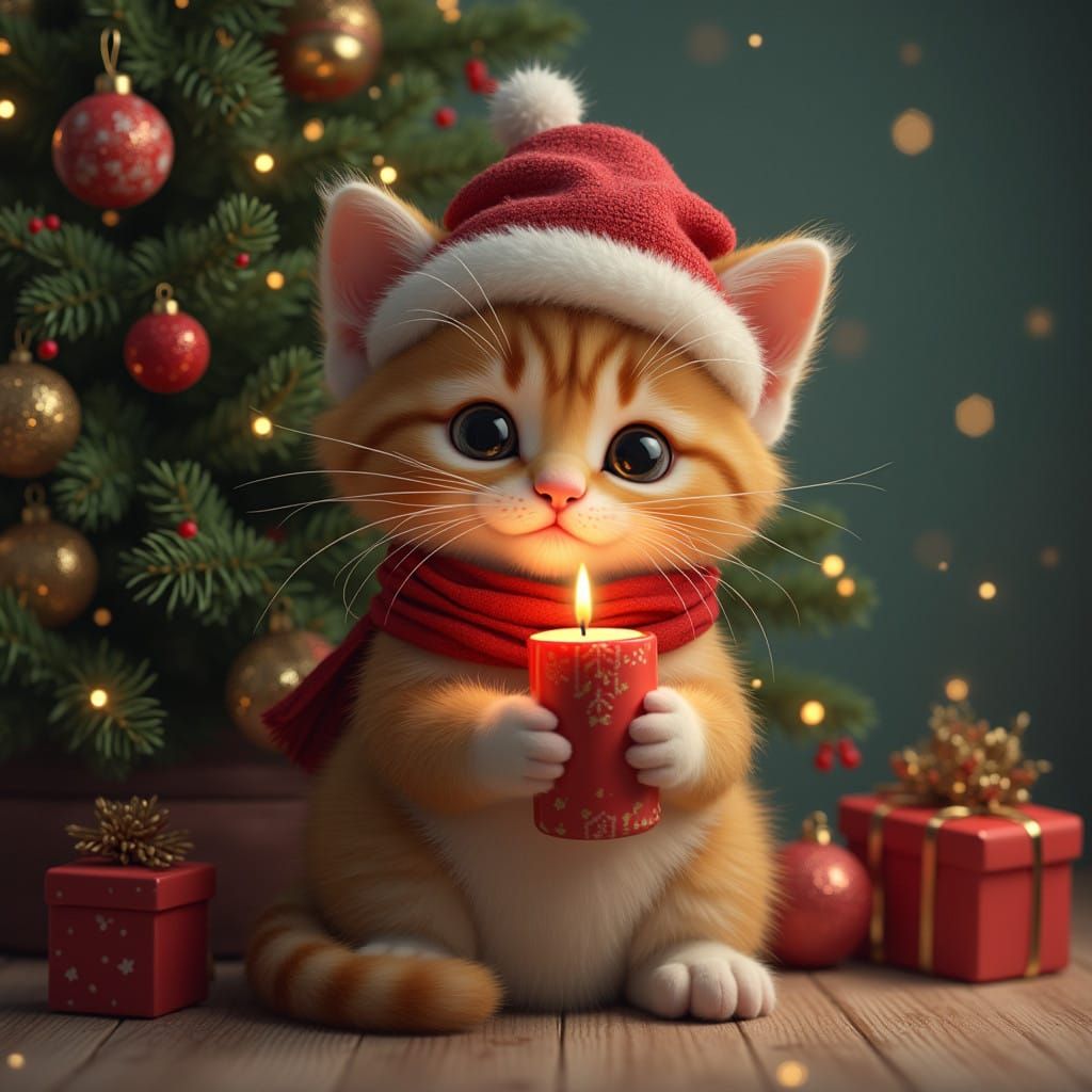 Enchanted Christmas Scene with Kitten and Majestic Tree