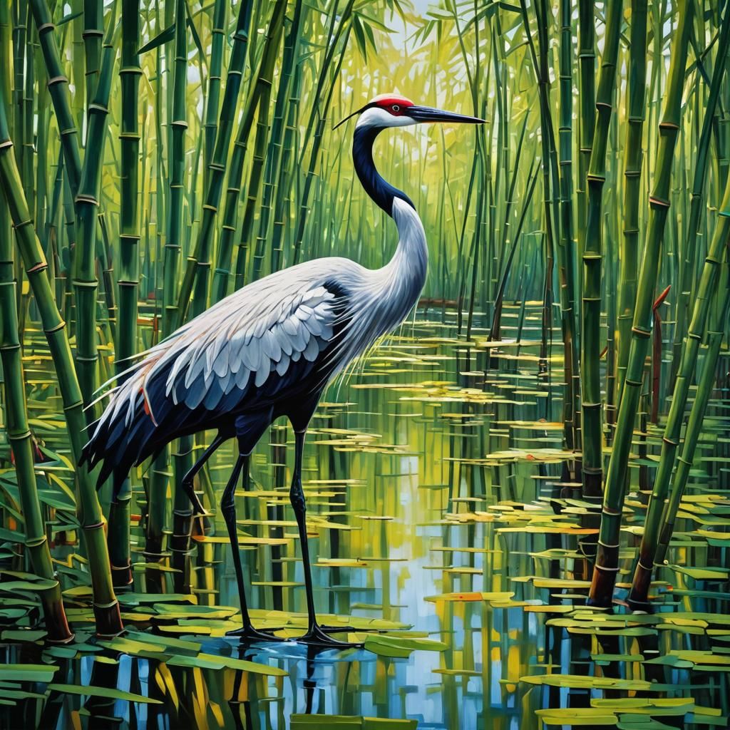 one crane in a bamboo swamp