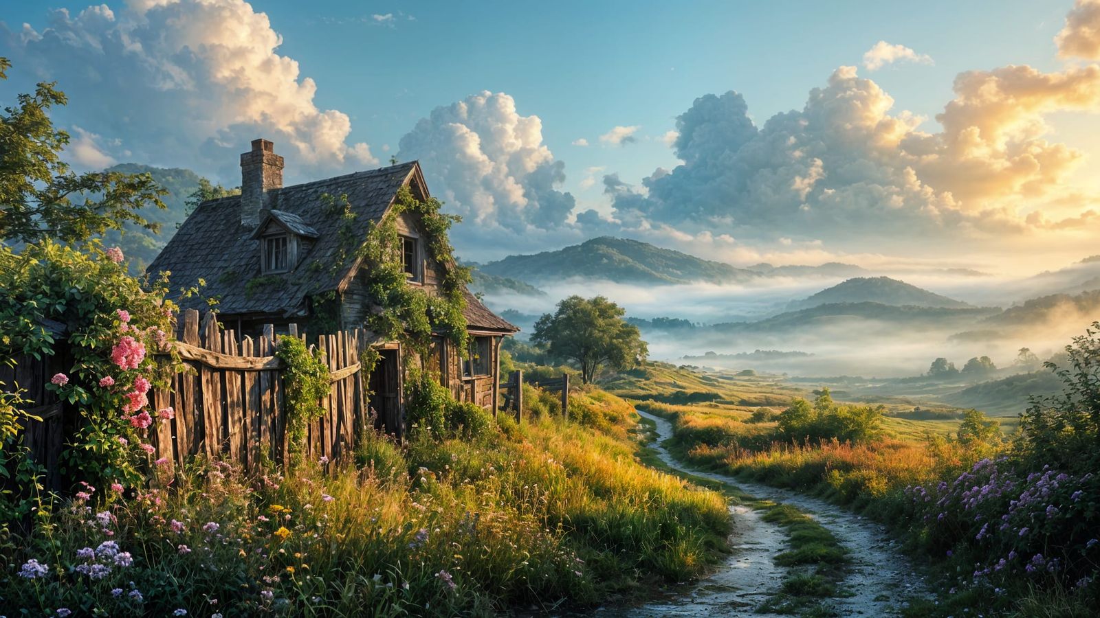 Dawn Landscape: Old House and Blooming Meadow