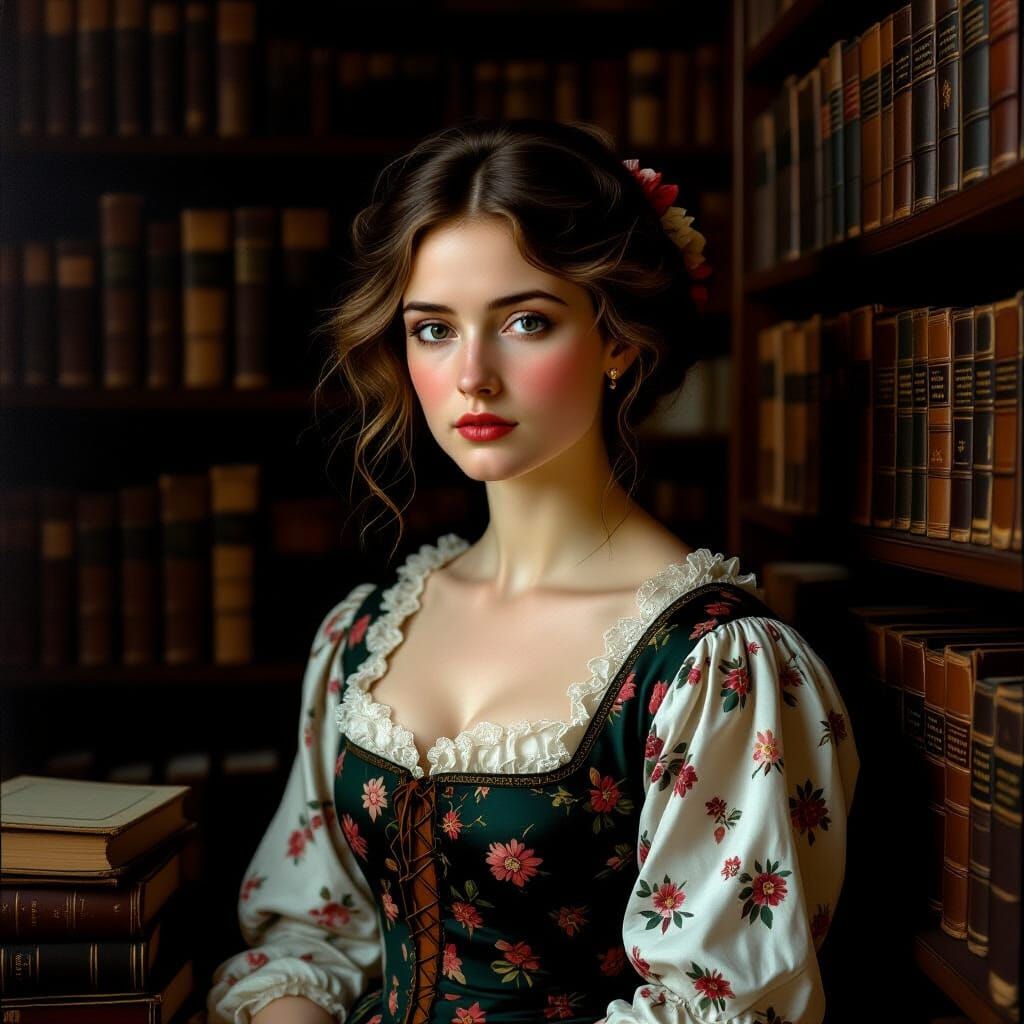 Melancholic Woman in Bookstore, Dutch Golden Age Style