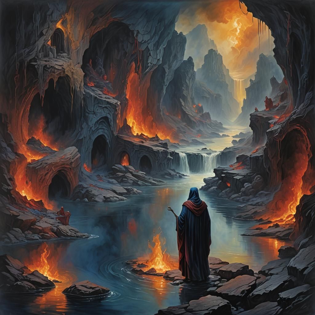 Fiery River in Underworld With Ghostly Guardians
