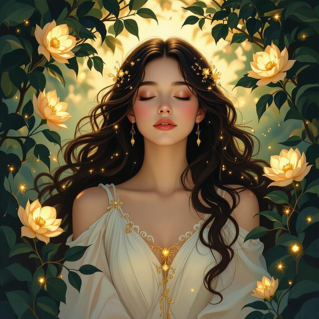 Ethereal Woman Surrounded by Golden Flowers in Dreamy Portra...