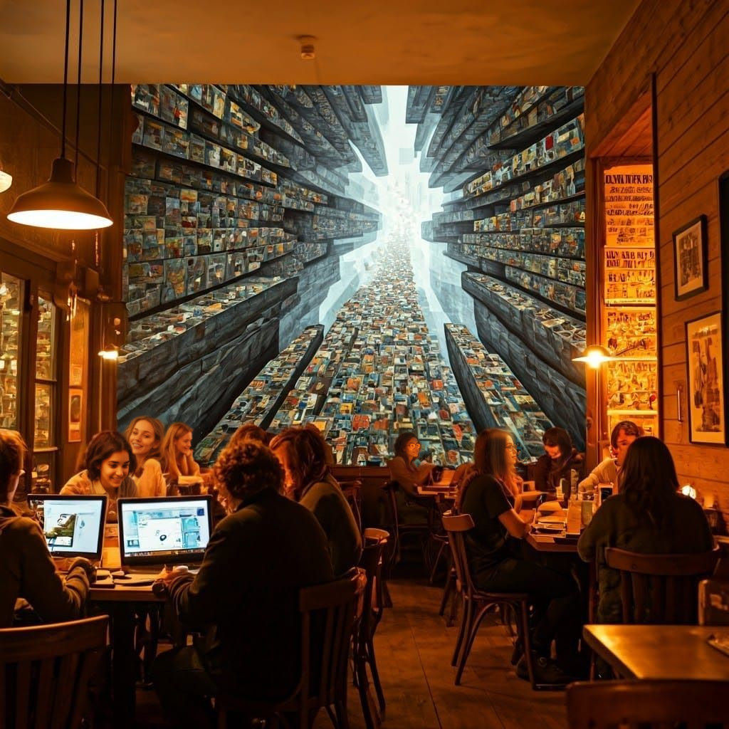 Surrealist Night Cafe Scene with Digital and Physical Art