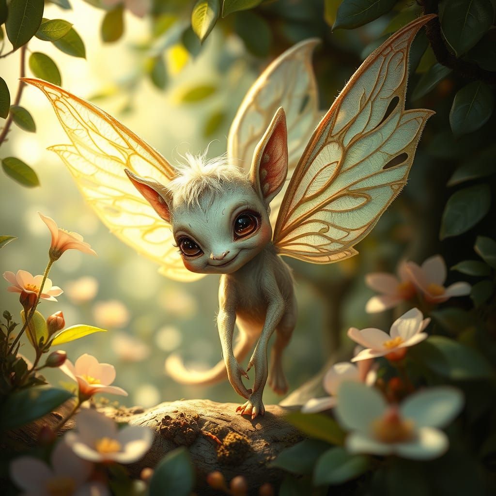 Whimsical Fey Creature with Delicate Wings and Mischief