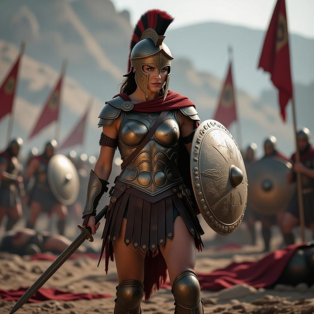Spartan Warrior Woman on Battlefield - Cinematic Film Still